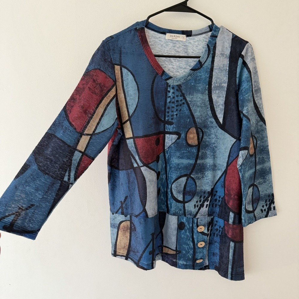 Jess & Jane Tunic Top S Artsy Art to Wear Lagenlook  Blue Abstract Asymmetrical - Picture 3 of 8